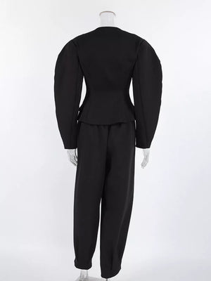Puffy Sleeve Blazer And Wide-leg Pants Set in Black, fit detail