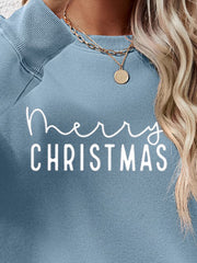 Misty Blue Merry Christmas graphic sweatshirt with crewneck and long sleeves.