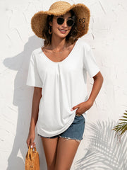 White v-neck t-shirt with subtle pleating detail and short sleeves.