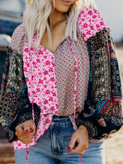 Boho floral drop shoulder blouse in fuchsia pink with patchwork print and tie neck.