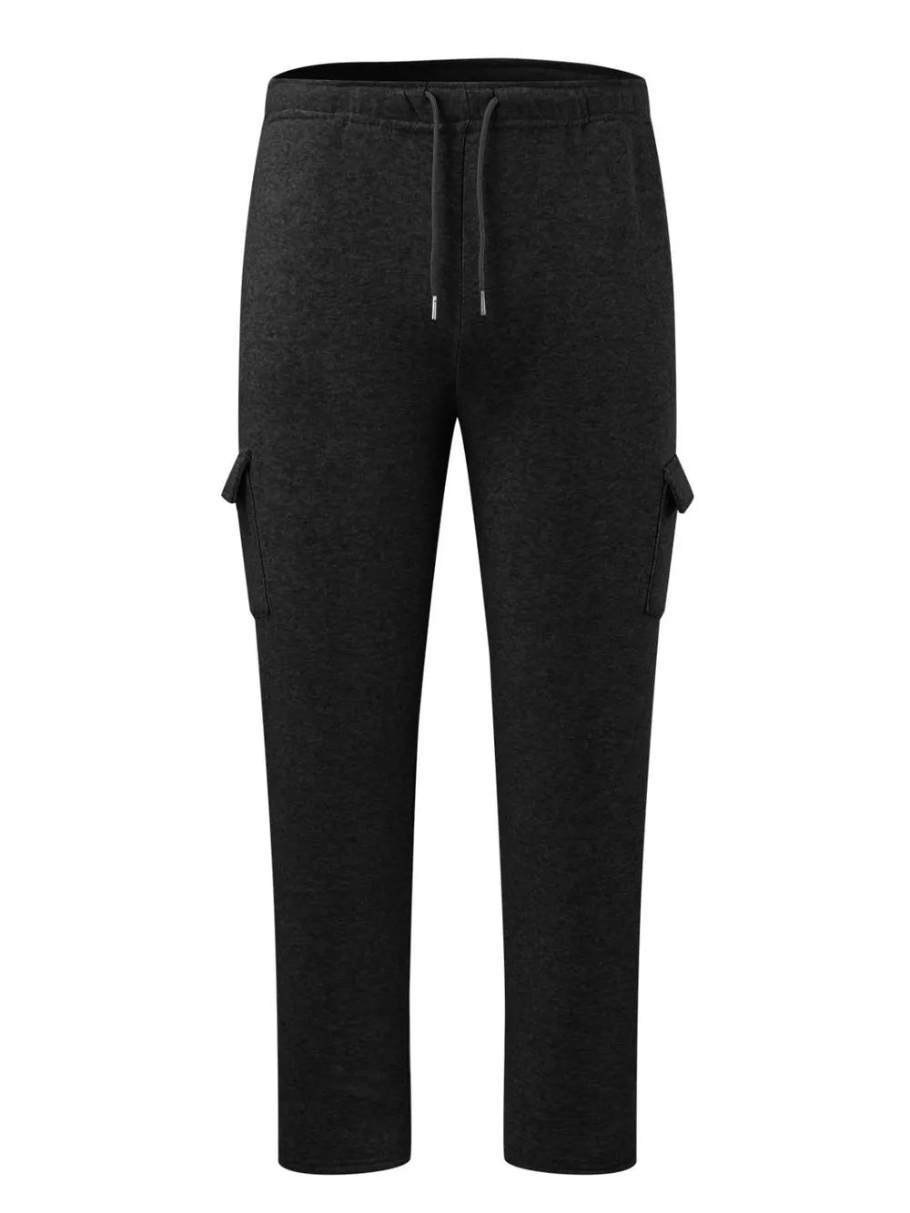 Dark gray fleece cargo joggers with drawstring waist and side cargo pockets.