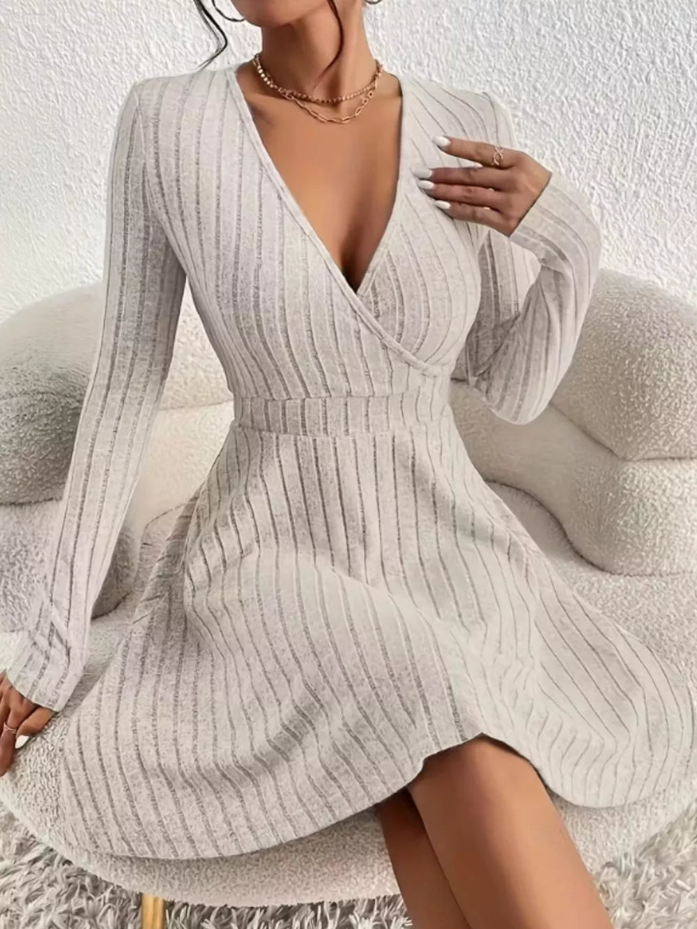Light Gray ribbed wrap mini dress with long sleeves and a V-neck.