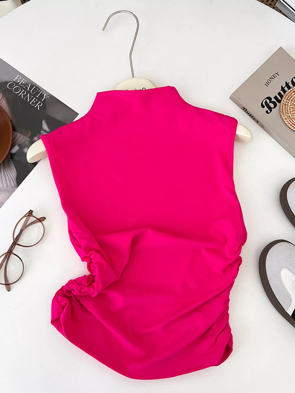 Rose red ruched mock neck tank top with draped detail