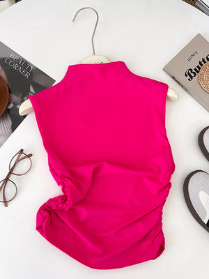 Rose red ruched mock neck tank top with draped detail