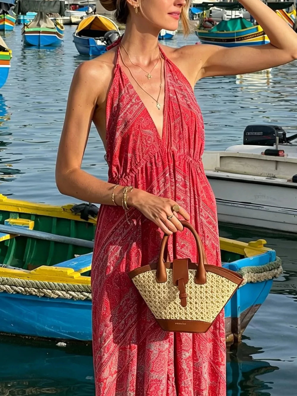 Red paisley print backless maxi dress with halter neckline, styled with a straw tote bag.