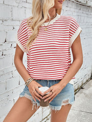 Textured stripe knit top with cap sleeves in white and scarlet, casual style.