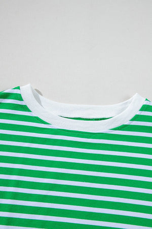 Green and white striped cotton loungewear top with crew neck.