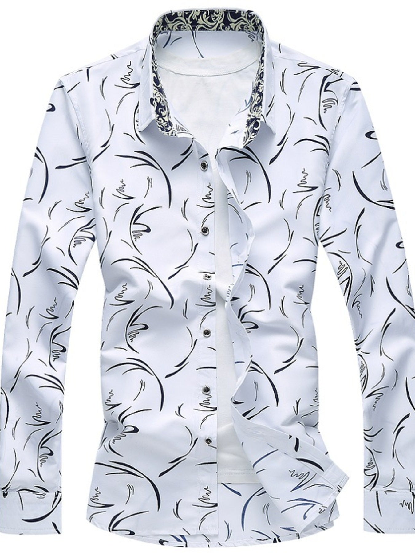 Men's white long sleeve button-down shirt with abstract black print
