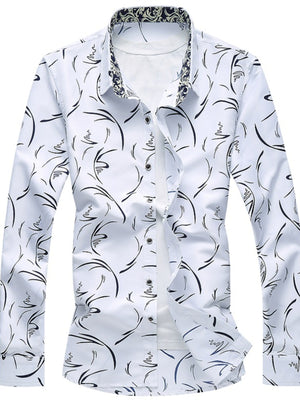 Men's white long sleeve button-down shirt with abstract black print