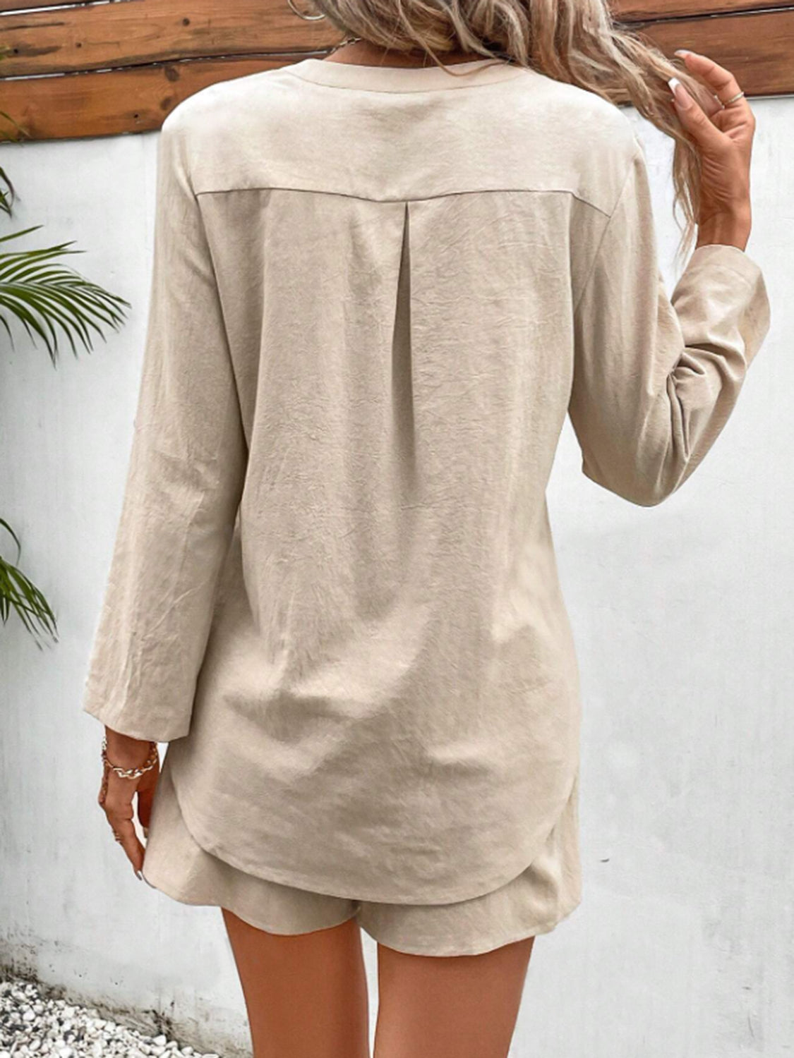 Tan linen henley shirt with pleat detail and drawstring shorts set
