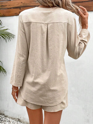 Tan linen henley shirt with pleat detail and drawstring shorts set