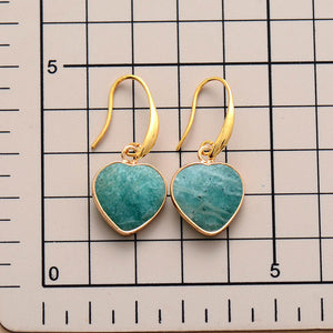 Amazonite heart drop earrings in aqua with gold hooks and copper trim.
