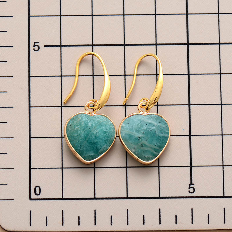 Amazonite heart drop earrings in aqua with gold hooks and copper trim.