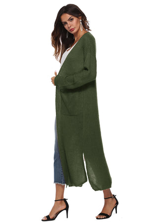 Longline knit cardigan in Army Green with side slits and pockets.