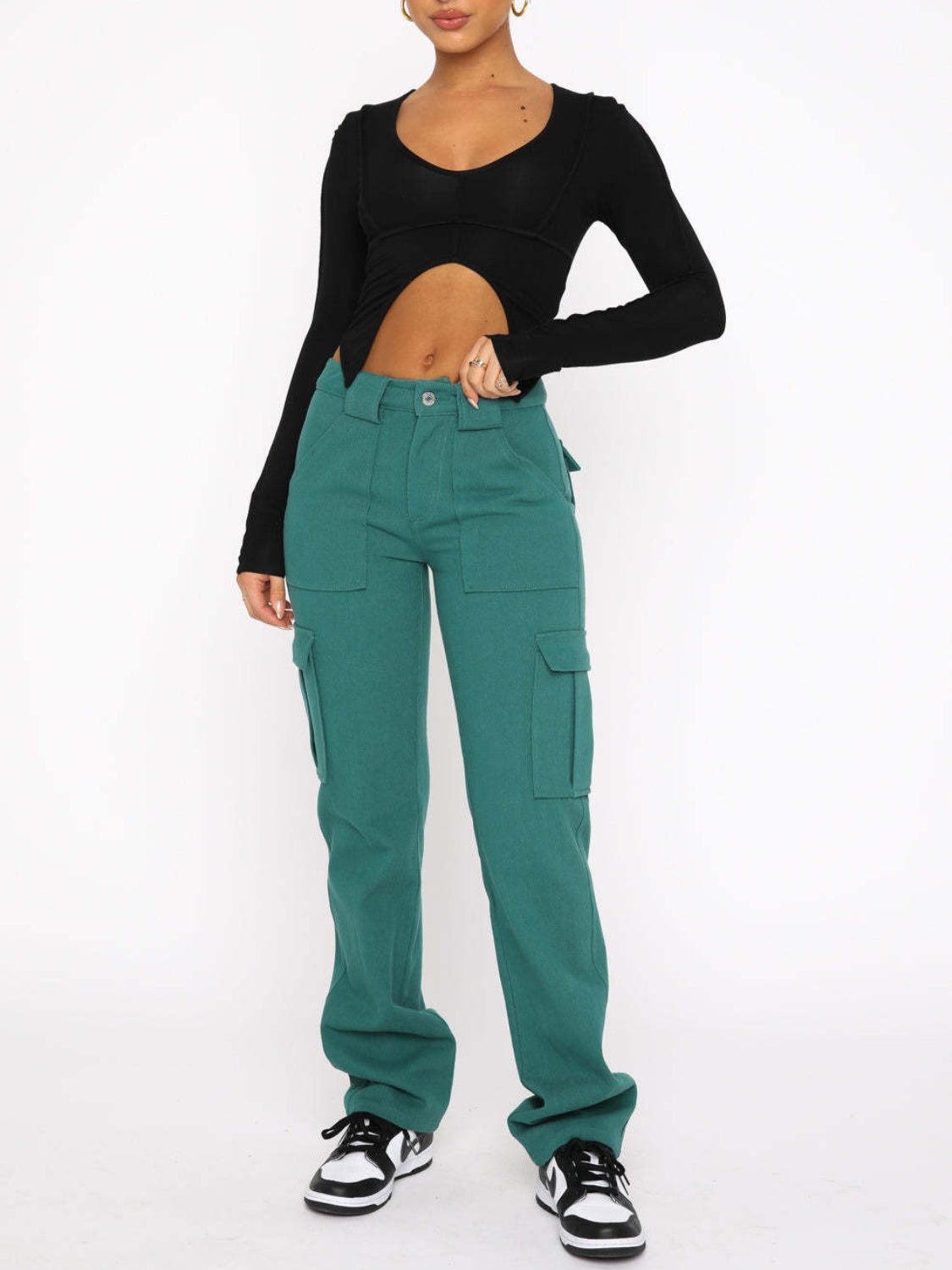Turquoise utility pocket straight leg trousers with cargo pockets