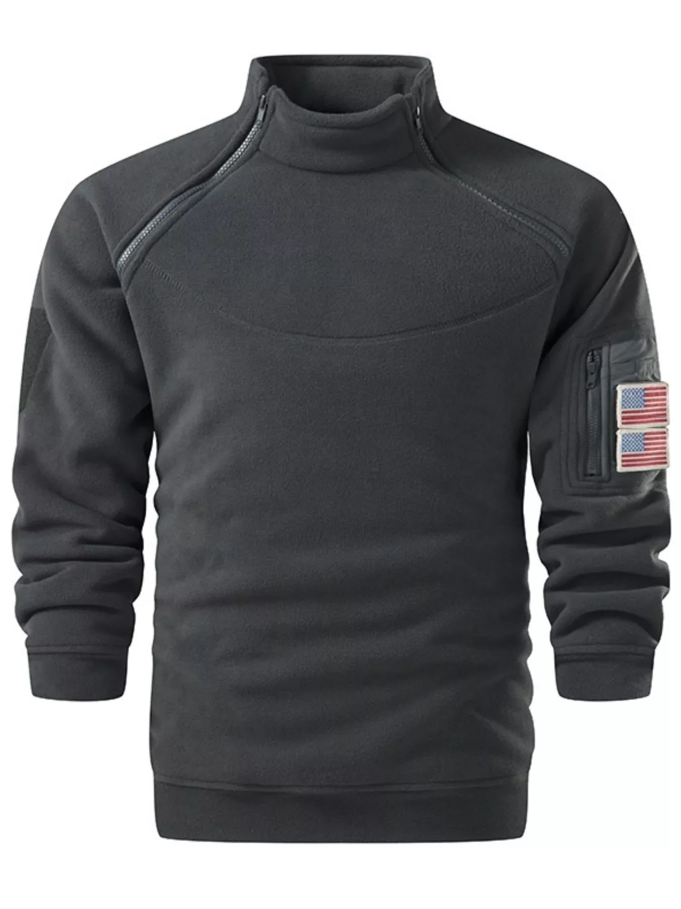 Gray fleece sweatshirt with mock neck, diagonal zipper, and flag patch pocket.