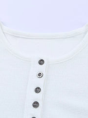 White textured cotton henley shirt with button detail