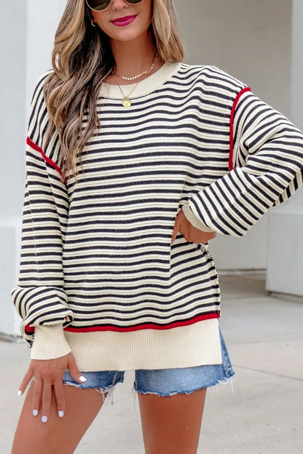Stripe Ribbed Trim Drop Shoulder Oversized Sweater in Stripe, close-up detail