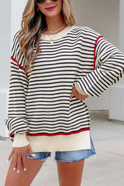 Stripe Ribbed Trim Drop Shoulder Oversized Sweater in Stripe, close-up detail