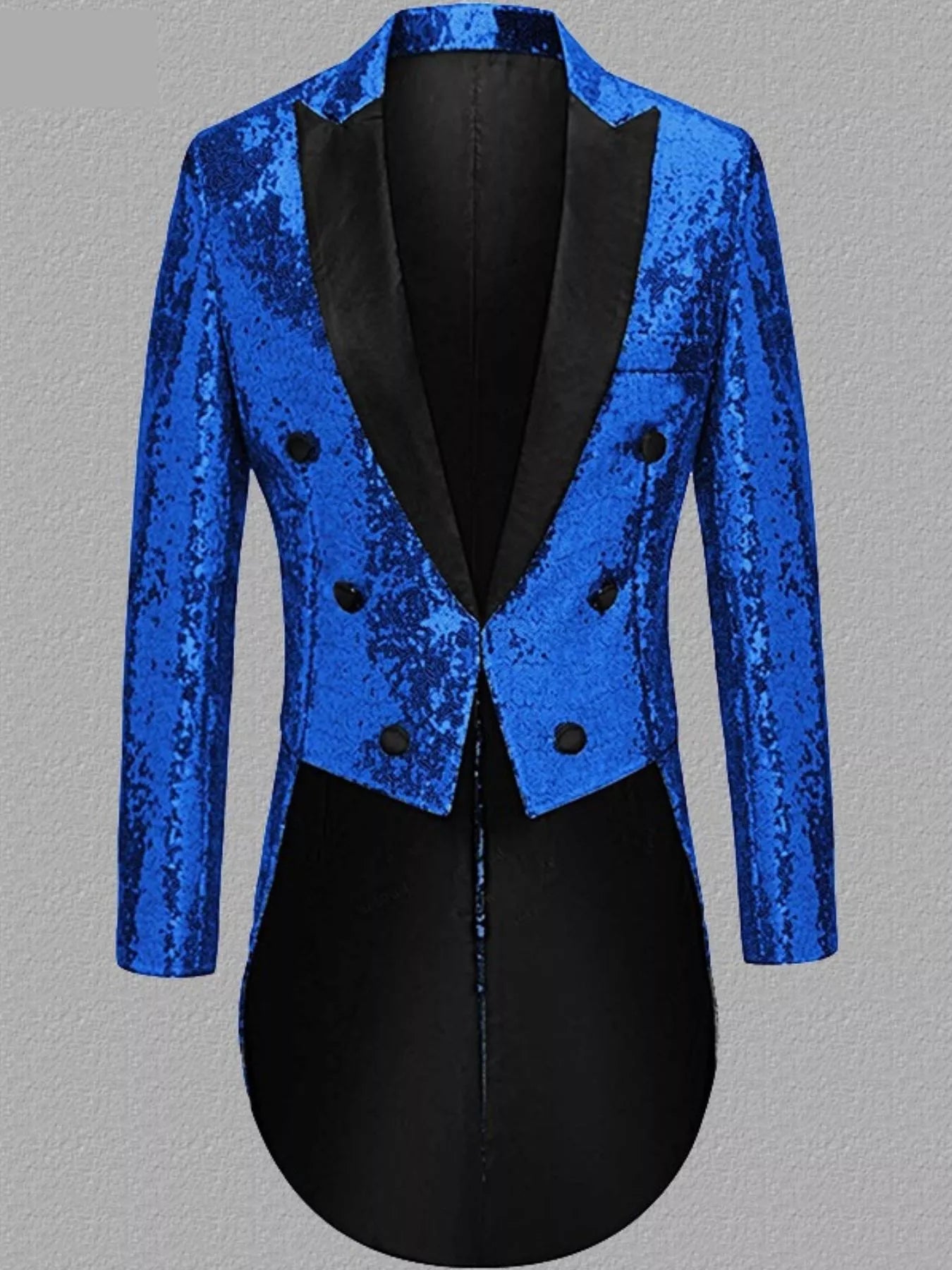Men's sapphire blue sequin double-breasted tailcoat blazer with black lapels and tails.