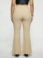 Ribbed high-waist flare maternity trousers in caramel, featuring a subtle buckle detail.