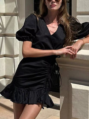 Puff Sleeve Ruffled Hem Mini Dress