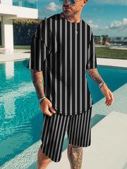Men's Full Size Striped Short Sleeve Top & Shorts Set, side view