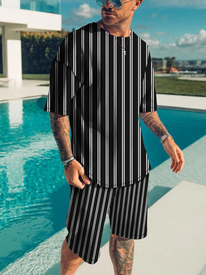 Men's Full Size Striped Short Sleeve Top & Shorts Set, side view