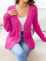 Hot Pink cable-knit cardigan with buttons and pockets, acrylic material.
