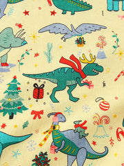 Toddler crew neck sweatshirt in yellow with a festive dinosaur Christmas print and cotton material.