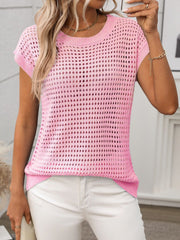 Pink openwork knit crewneck sweater with short sleeves.