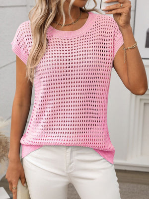 Pink openwork knit crewneck sweater with short sleeves.