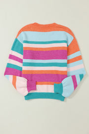 Rainbow stripe knit sweater with balloon sleeves and crew neck.