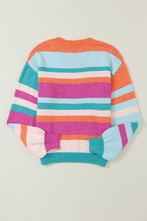 Rainbow stripe knit sweater with balloon sleeves and crew neck.