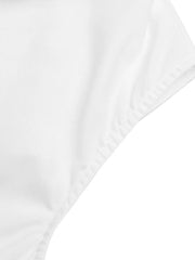 White polyester midi shirt dress detail showing stitching and fabric texture.