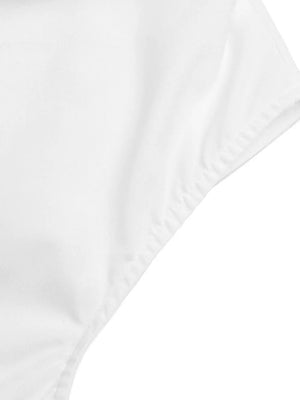 White polyester midi shirt dress detail showing stitching and fabric texture.