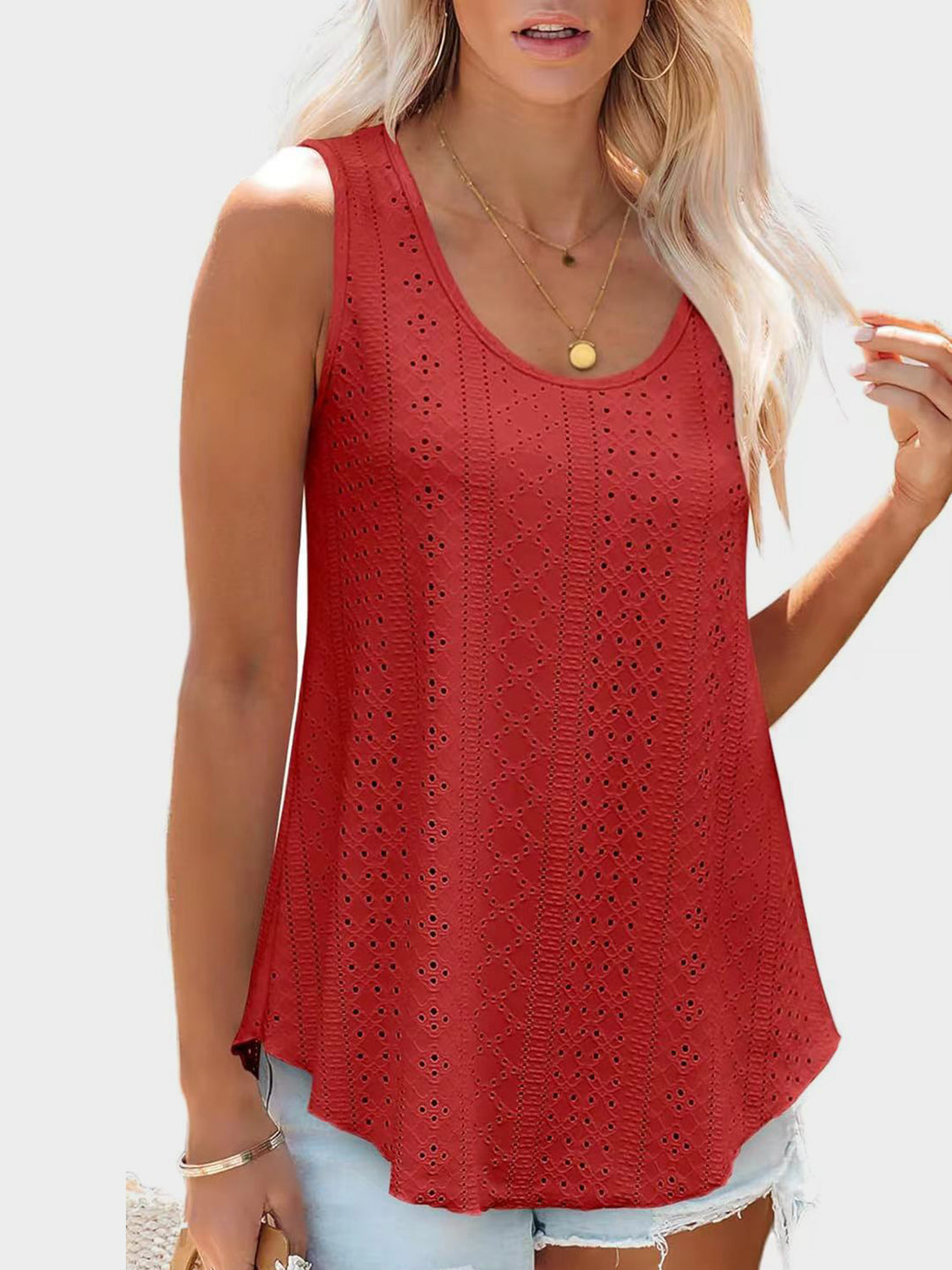 Deep Red eyelet scoop-neck trapeze tank top with breathable fabric.
