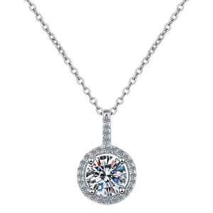 Radiant Moissanite pendant necklace with halo setting on a delicate sterling silver chain