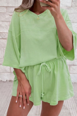 Lime cotton loungewear set with relaxed fit top and drawstring shorts