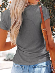 Grey ribbed V-neck t-shirt with short sleeves and button detail.