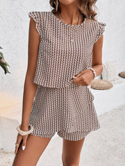 Textured ruffle-sleeve co-ord short set in brown and white geometric print.