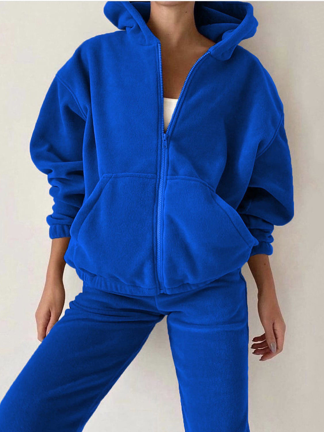 Royal blue fleece hoodie and jogger set with zip front and pockets