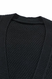 Black acrylic knit cardigan with textured stitch and V-neck detail