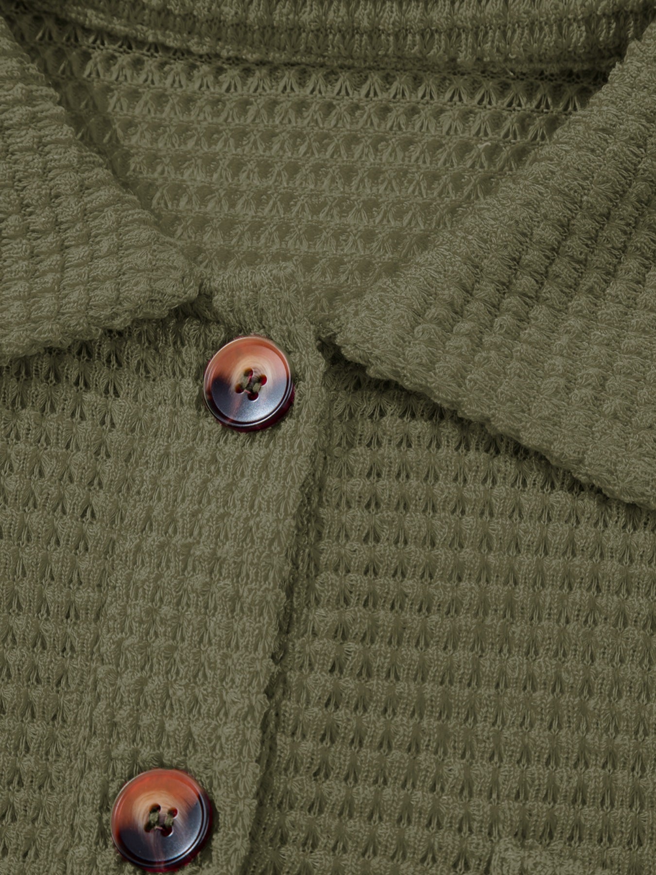Moss waffle-knit collared shirt with button detail and tortoiseshell buttons.