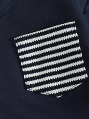 Children's navy cotton sweatshirt with a striped pocket detail.