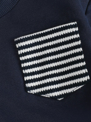 Children's navy cotton sweatshirt with a striped pocket detail.