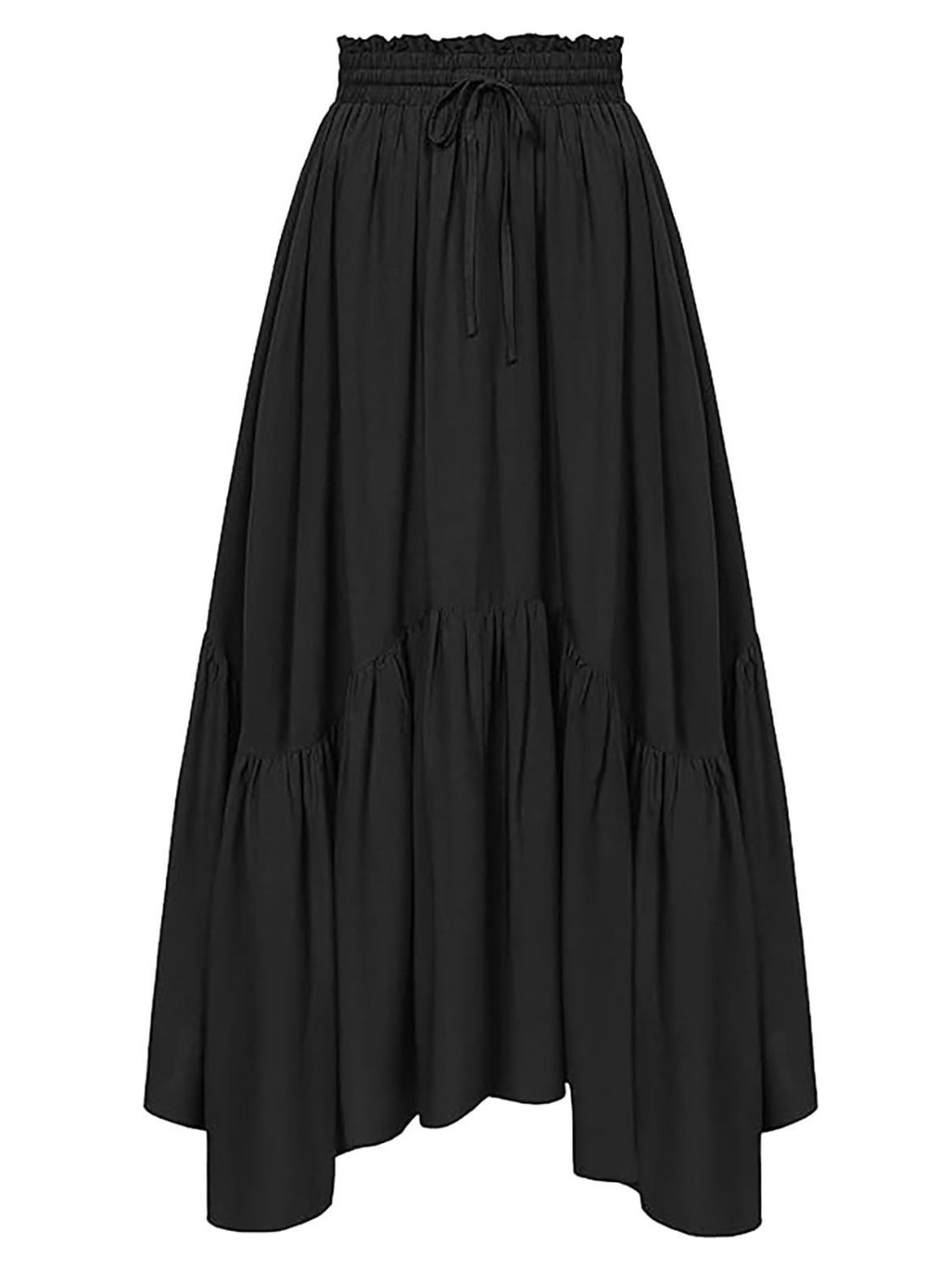 Black tiered midi skirt with asymmetrical hemline and drawstring waist