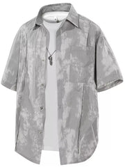 Men's grey tie-dye print short sleeve buttoned casual shirt with pocket.