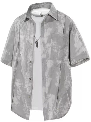 Men's grey tie-dye print short sleeve buttoned casual shirt with pocket.