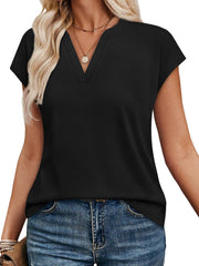 Black short-sleeve t-shirt with notched V-neck and heathered texture.